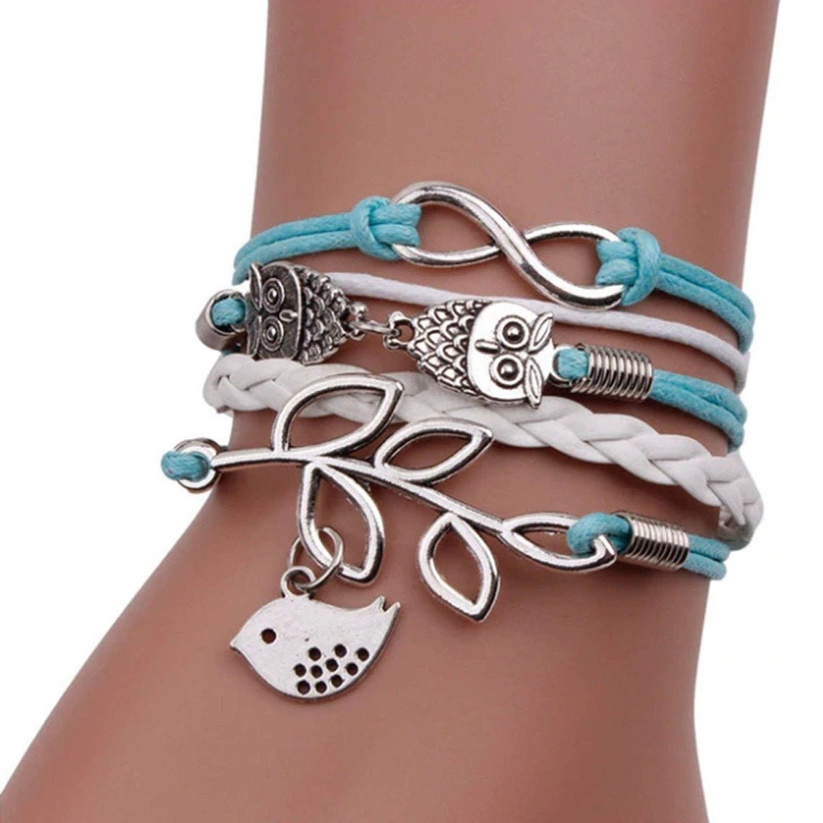 Leather Armband Charms Owl Love Heart Fish Infinity Hearts Charm Bracelet - Aqua and White - Asia Sell