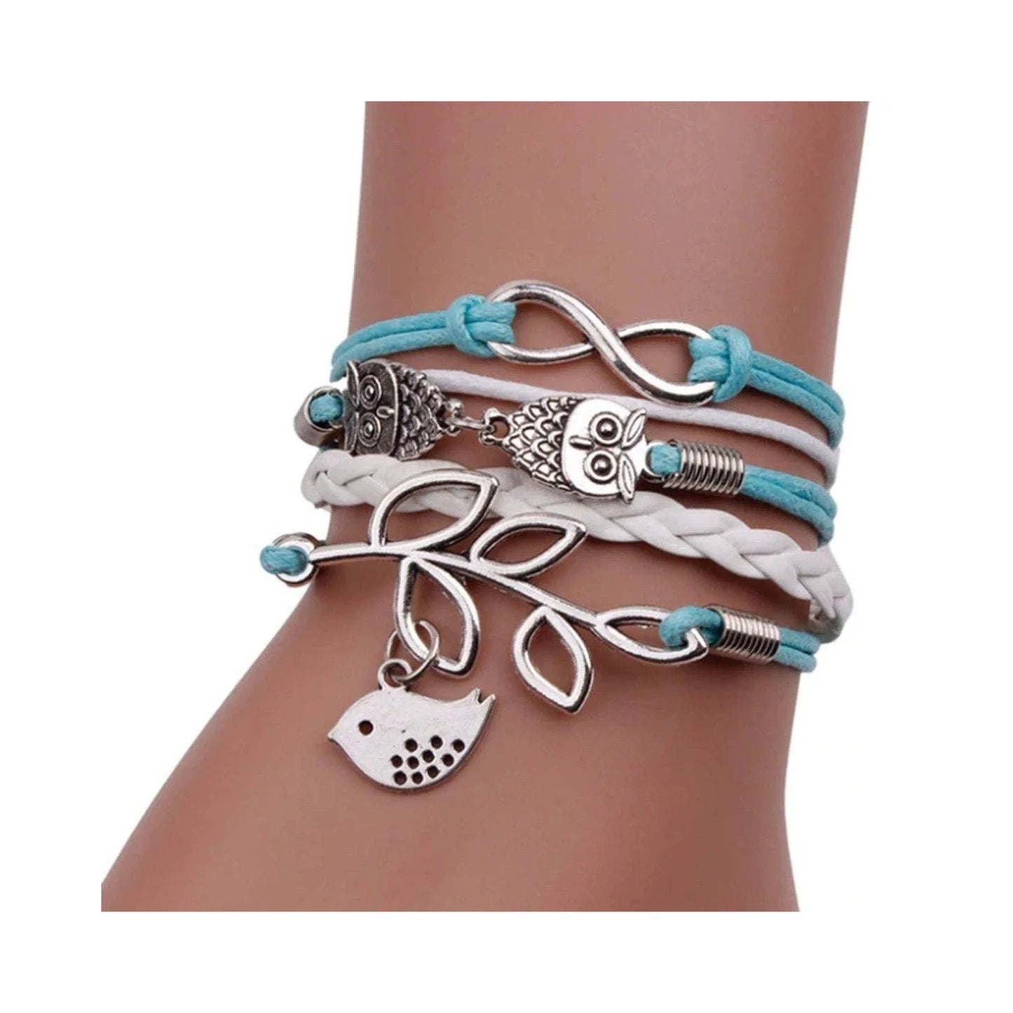 Leather Armband Charms Owl Love Heart Fish Infinity Hearts Charm Bracelet - Aqua and White - Asia Sell