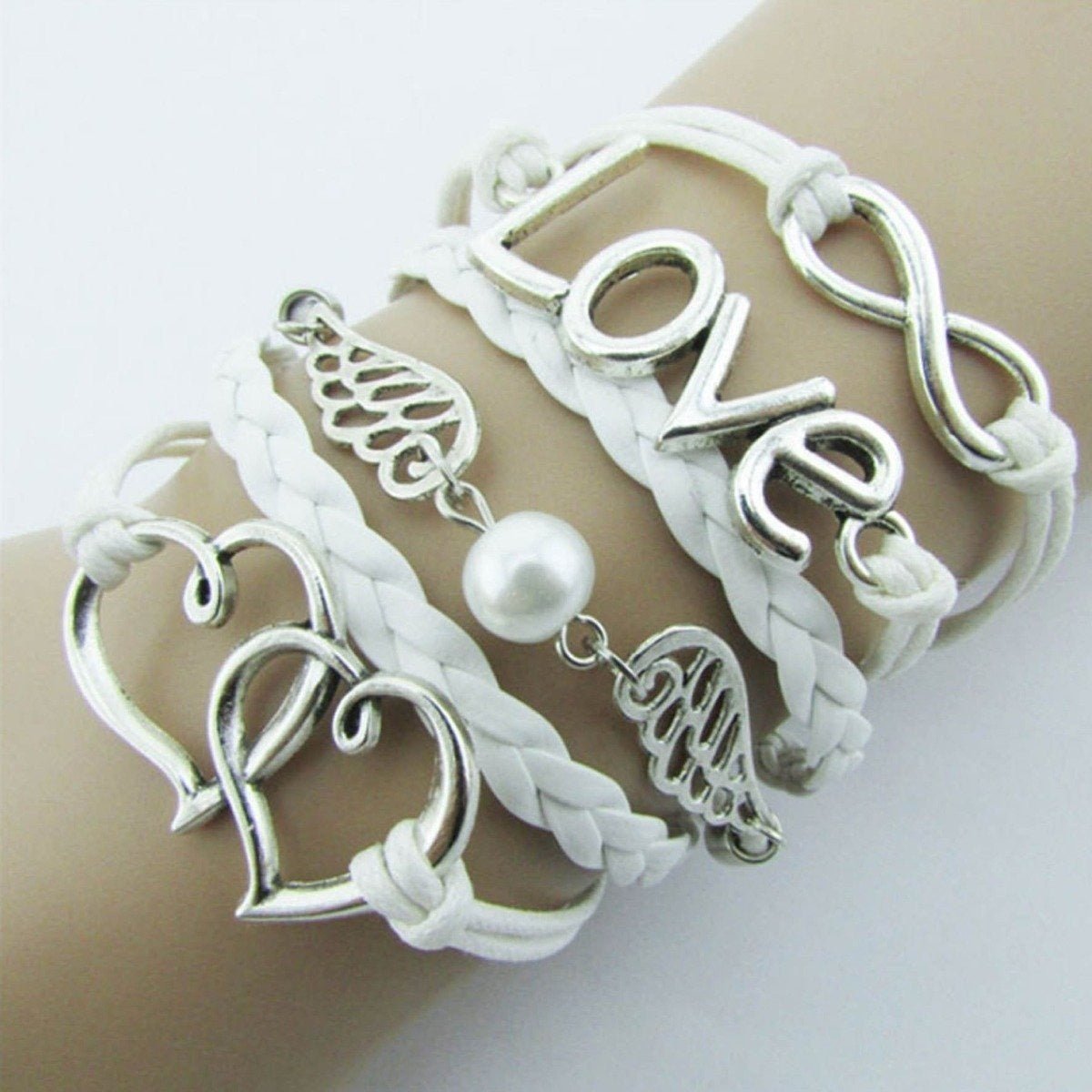 Leather Armband Charms Owl Love Heart Fish Infinity Hearts Charm Bracelet - White - Asia Sell