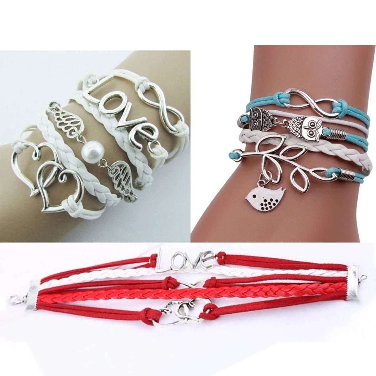 Leather Armband Charms Owl Love Heart Fish Infinity Hearts Charm Bracelet - White - Asia Sell