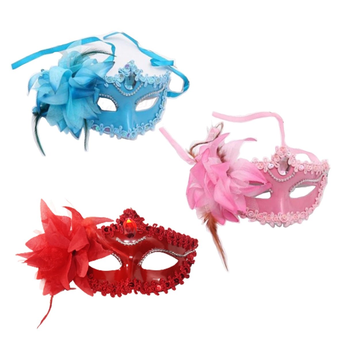 Masquerade Diamond Venetian Mask Venice Feather Wedding Carnival Party Costume - Red - Asia Sell
