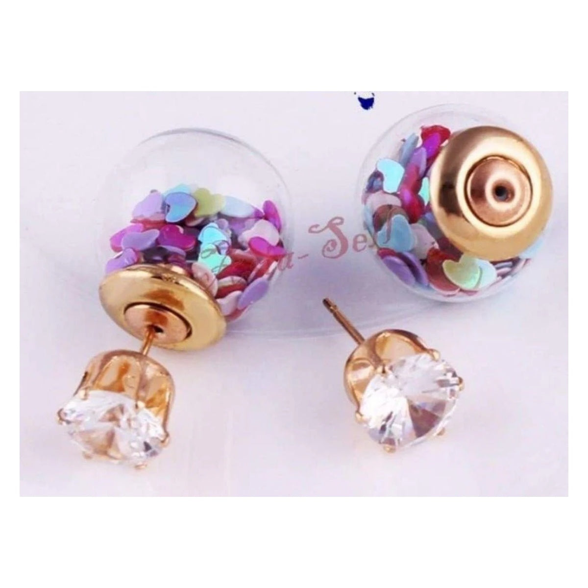 Multicolour Glass Crystal Stud Earring Love Hearts Double Sided Pearl Earrings - - Asia Sell