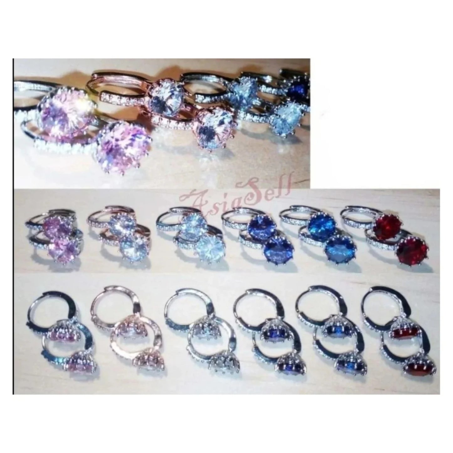 Pair of Earrings Blue Pink Purple Red White Silver Gold Colour Girls Womens Fashion - Gold & Clear - Asia Sell