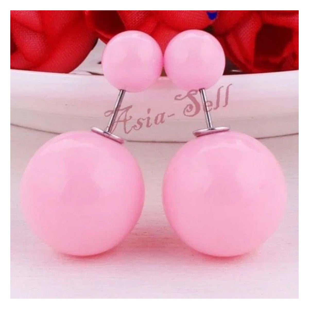 Pink Pearl Stud Earrings Love Hearts Double Sided Round Earring Plastic - - Asia Sell