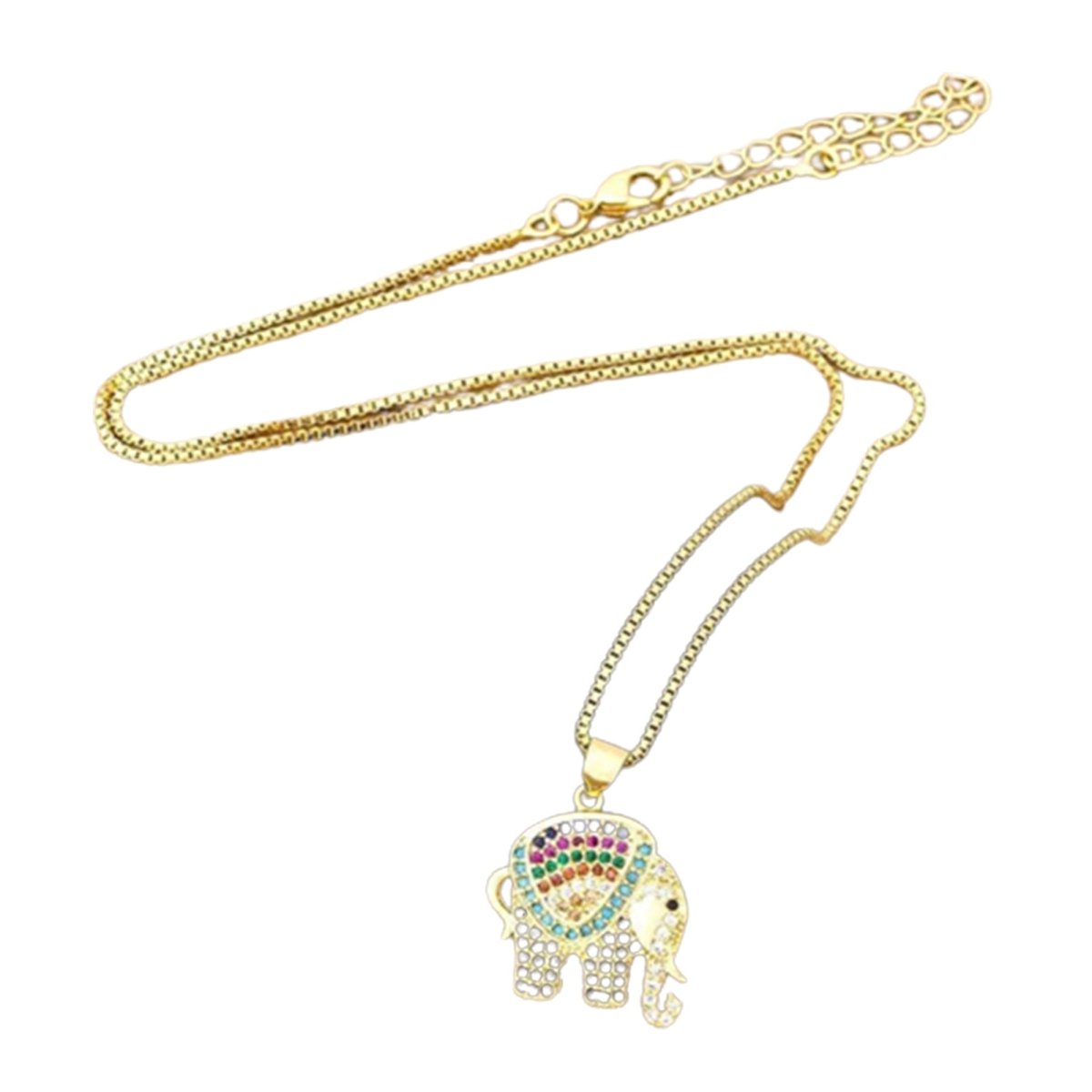 Rainbow Elephant Necklace Copper Zirconia Pendant Gold Colour Long Chain Womens Charm - - Asia Sell