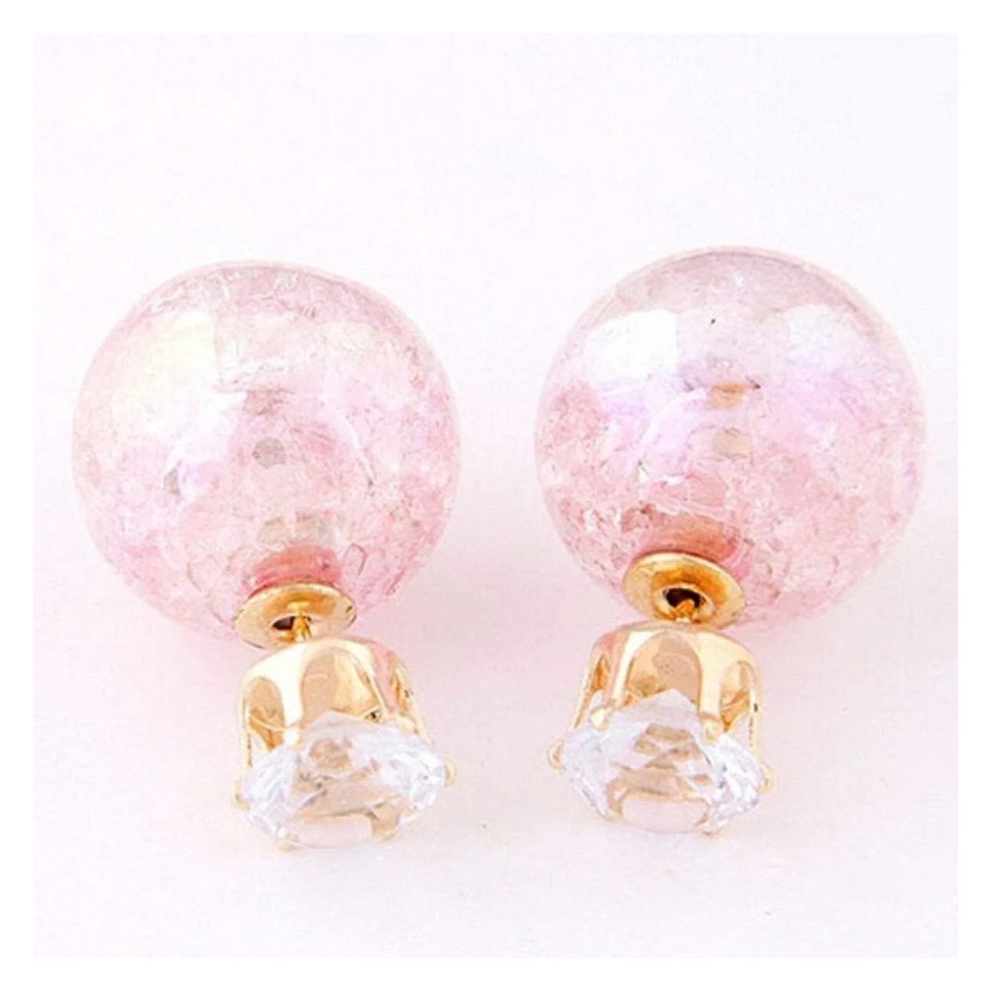 Womens Candy Colour Double Side Round Pearl Earrings Crystal Ball Ear Stud - Pink - Asia Sell