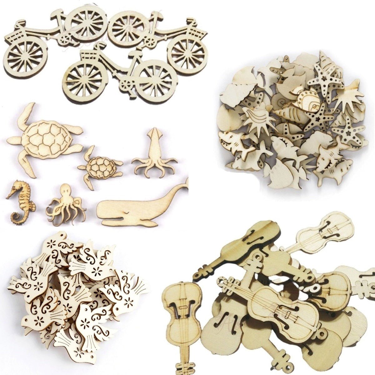 Wooden Forms Sea Animals Birds Violin Bicycle DIY Craft Scrapbooking Whale Seahorse - 20pcs Sea Creatures 1 - Asia Sell
