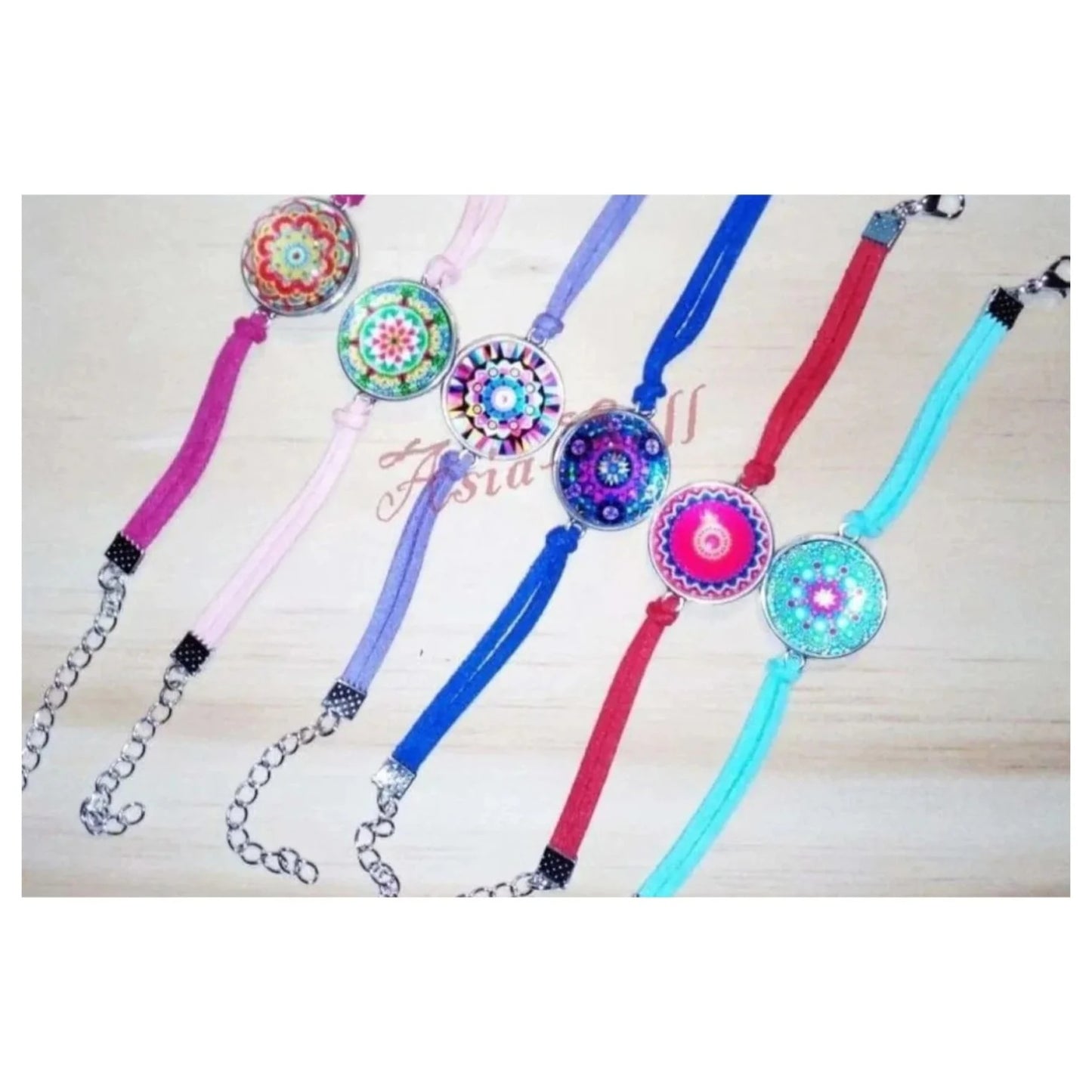 Wristband Charm Cuff Glass Cabochon Bracelet Mandala Flower Zen Picture Bangle - 1st from left - Asia Sell