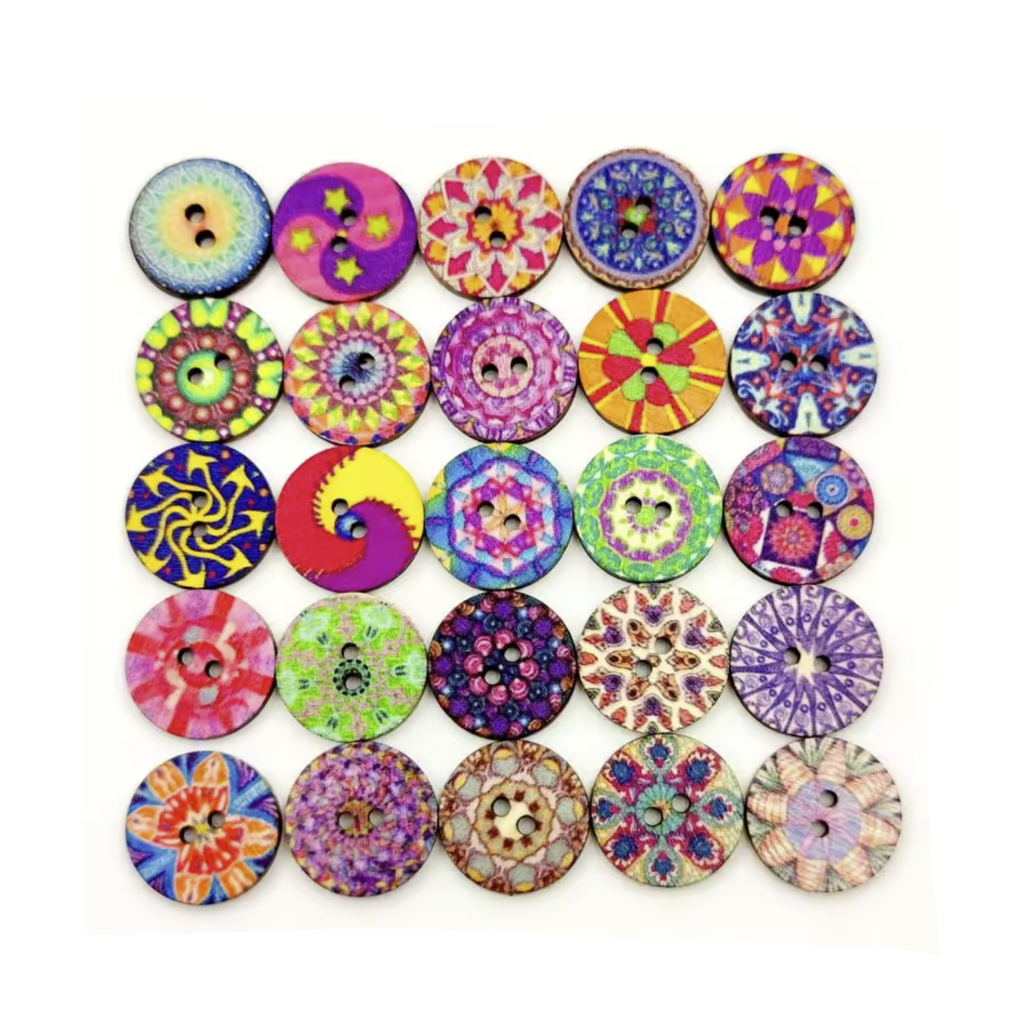 Assorted colourful wooden buttons with various patterns on a white background