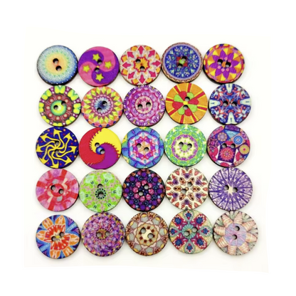 Assorted colourful wooden buttons with various patterns on a white background