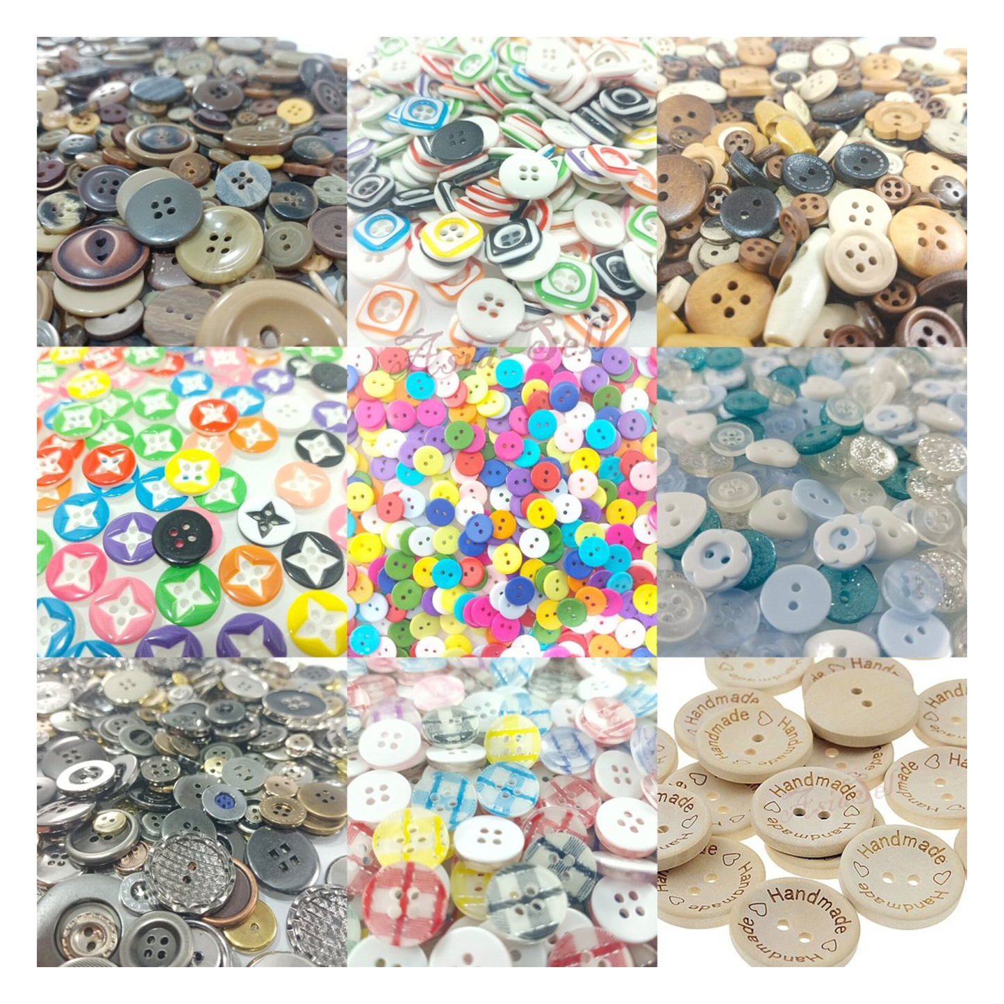 Collage of various buttons with different designs and colors.