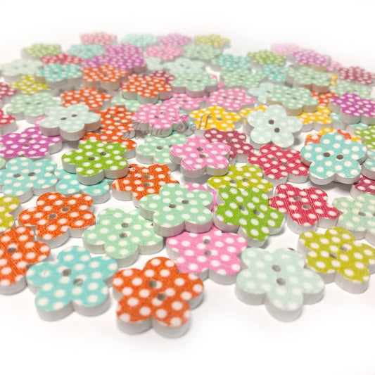 100pcs 2-Hole Wooden Buttons Flower Designs White Backing Buttons Mixed Patterns 20mm DIY - - Asia Sell