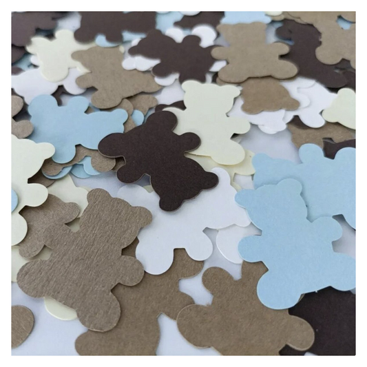 Assorted bear-shaped cutouts in brown, blue, and beige on a white background