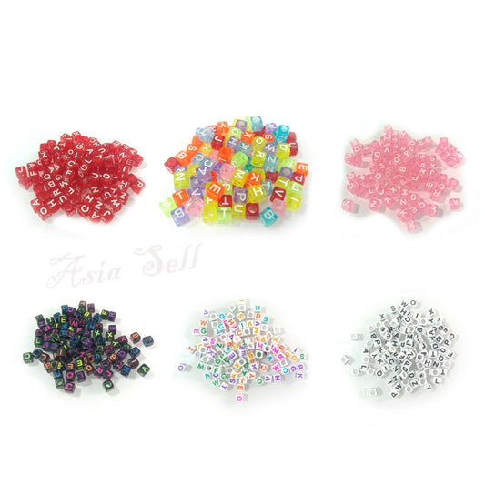 100pcs 6x6mm Square Beads Letters Alphabet Dice DIY Jewellery Making Moon Love Heart Cloud Star - Multicoloured on Black - - Asia Sell