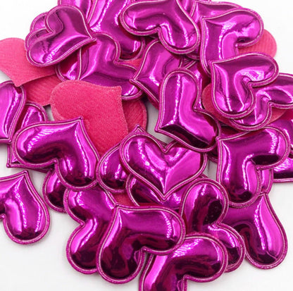 100pcs Glossy Shiny Padded Patches Heart Shape Garment Appliques For Decoration DIY Accessories Toy Craft Clothing PU Leather - Dark Pink - Asia Sell