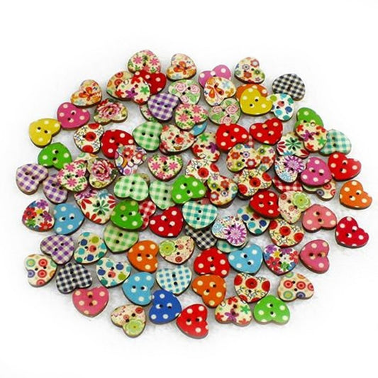 100pcs Heart Wooden Buttons Mixed Pattern 2-Hole Button 20mmx17mm DIY - - Asia Sell