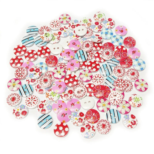 100pcs White Backed Wooden Round Buttons Colourful Mixed Floral Patterns 15mm 2-Hole Pink Red - - Asia Sell