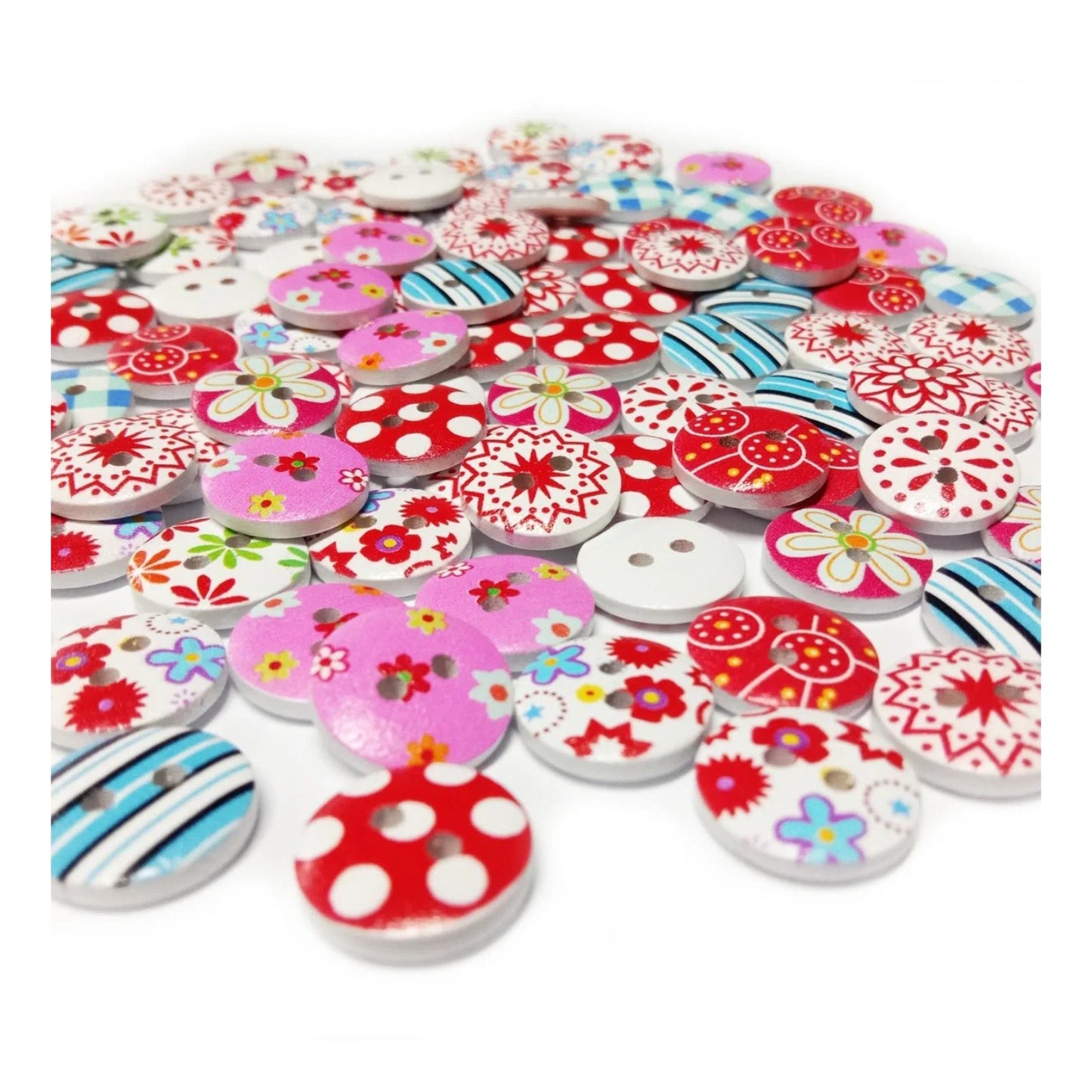 100pcs White Backed Wooden Round Buttons Colourful Mixed Floral Patterns 15mm 2-Hole Pink Red - - Asia Sell