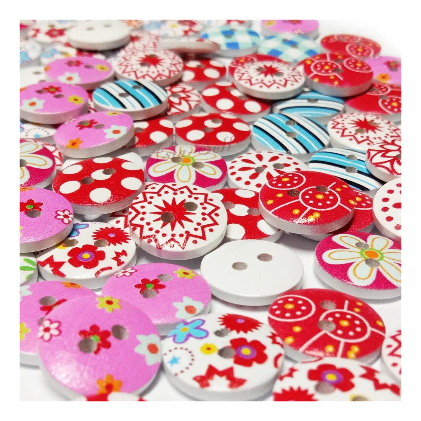 100pcs White Backed Wooden Round Buttons Colourful Mixed Floral Patterns 15mm 2-Hole Pink Red - - Asia Sell