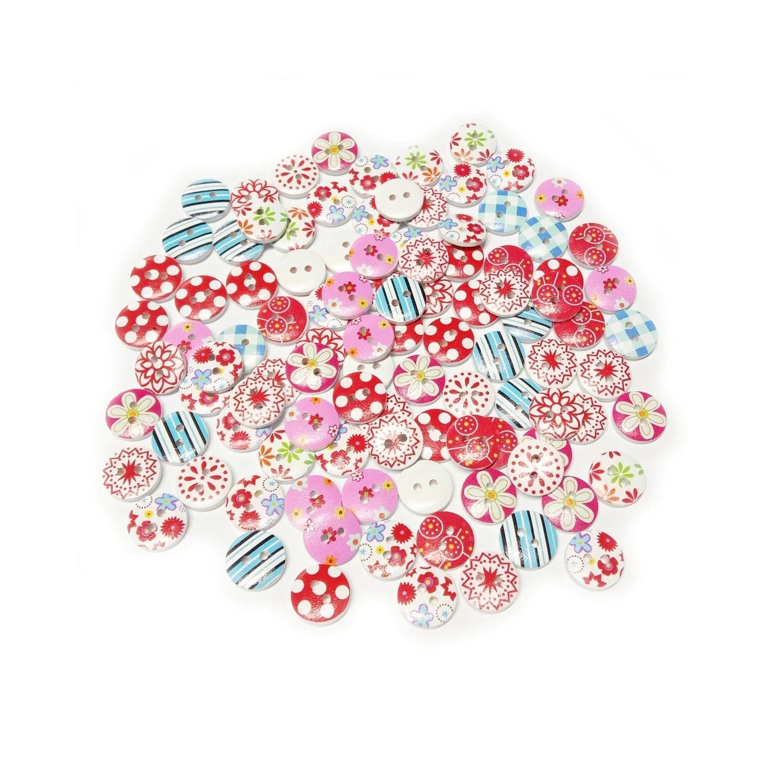 100Pcs White Backed Wooden Round Buttons Colourful Mixed Floral Patterns 15Mm 2-Hole Pink Red