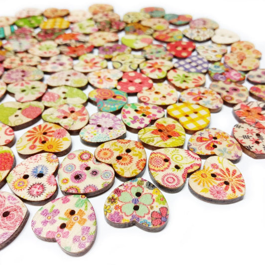 100pcs Wooden Heart Shaped Buttons Mixed Flower Patterns Colourful 17mmx15mm 2-Hole - - Asia Sell