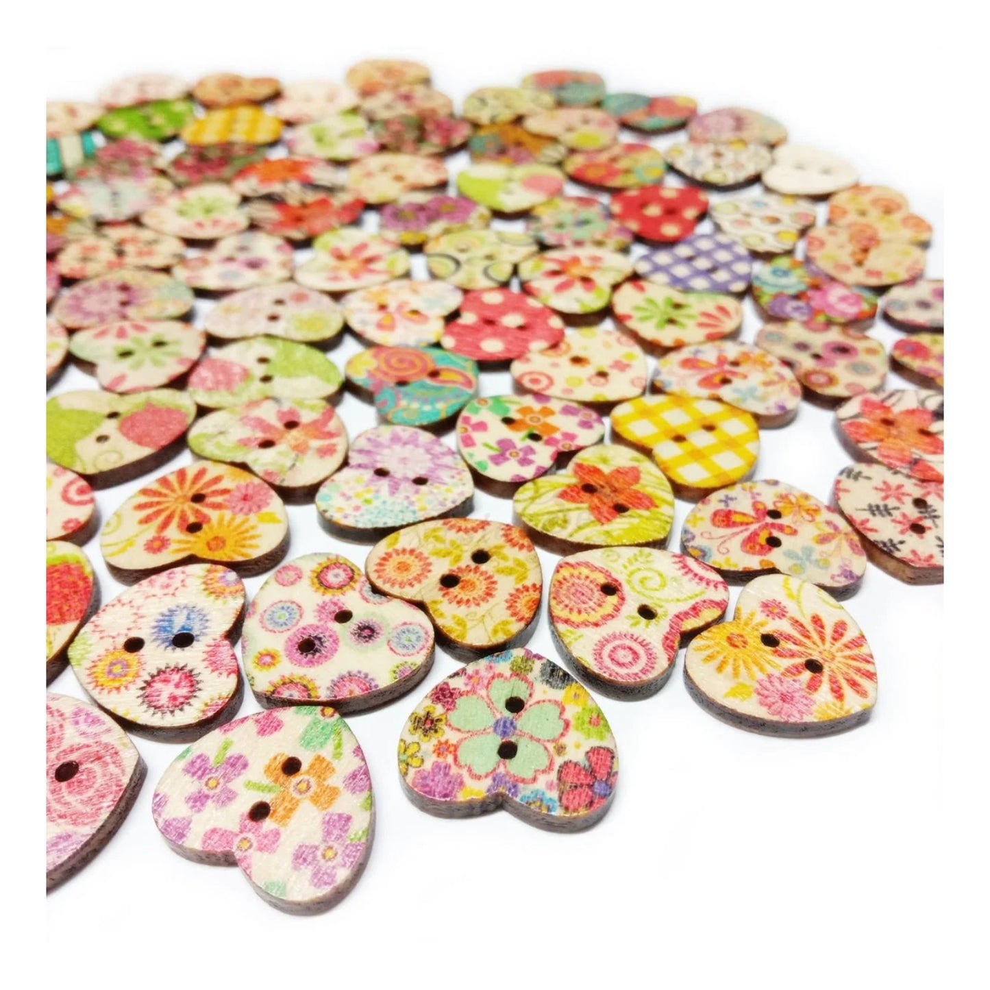 100pcs Wooden Heart Shaped Buttons Mixed Flower Patterns Colourful 17mmx15mm 2-Hole - - Asia Sell