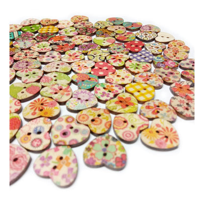 100pcs Wooden Heart Shaped Buttons Mixed Flower Patterns Colourful 17mmx15mm 2-Hole - - Asia Sell