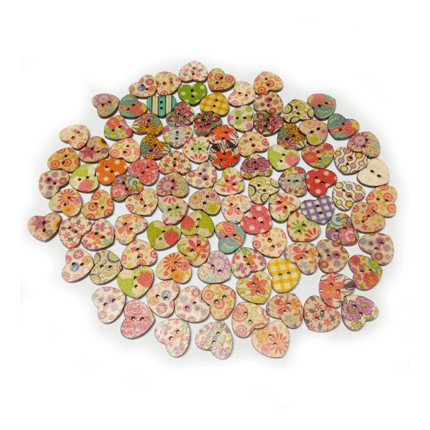 100pcs Wooden Heart Shaped Buttons Mixed Flower Patterns Colourful 17mmx15mm 2-Hole - - Asia Sell