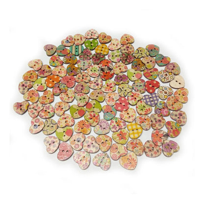 100pcs Wooden Heart Shaped Buttons Mixed Flower Patterns Colourful 17mmx15mm 2-Hole - - Asia Sell
