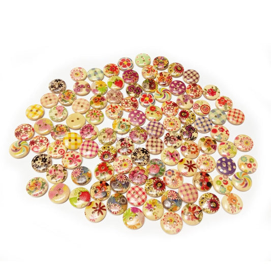 100pcs Wooden Round Buttons Mixed Flower Patterns Colourful 15mm 2-Hole - - Asia Sell