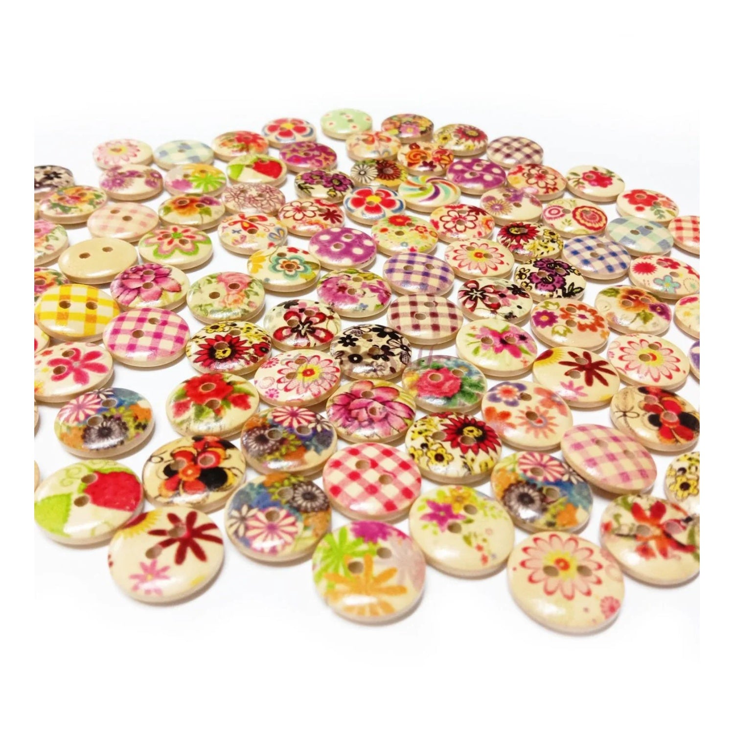 100pcs Wooden Round Buttons Mixed Flower Patterns Colourful 15mm 2-Hole - - Asia Sell