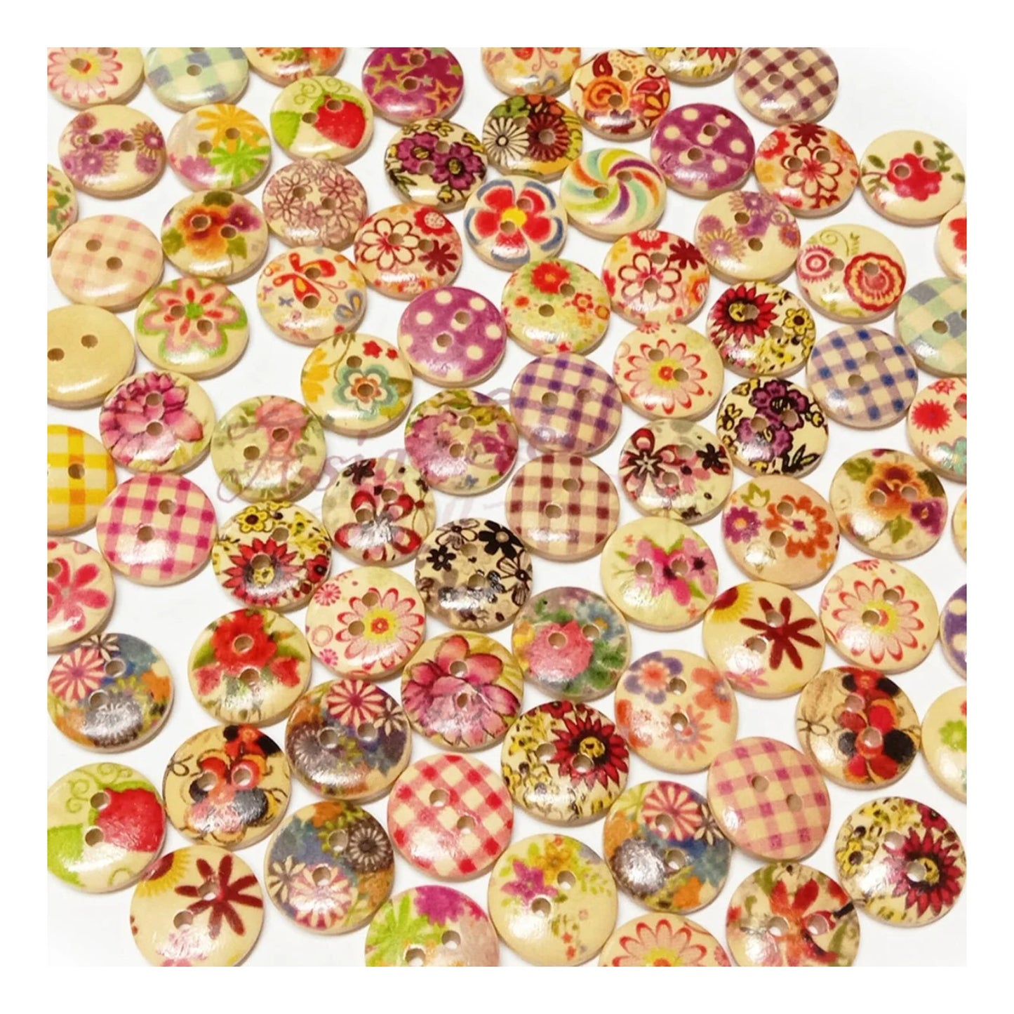 100pcs Wooden Round Buttons Mixed Flower Patterns Colourful 15mm 2-Hole - - Asia Sell