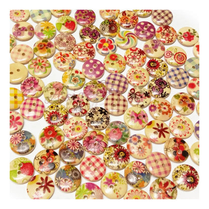 100pcs Wooden Round Buttons Mixed Flower Patterns Colourful 15mm 2-Hole - - Asia Sell