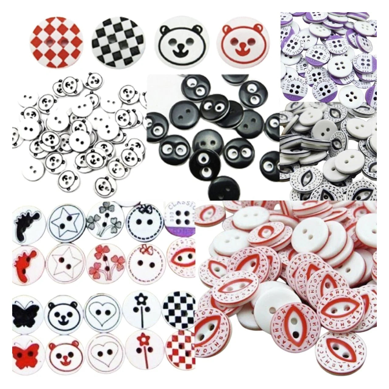 Collection of various buttons with different designs and colors.