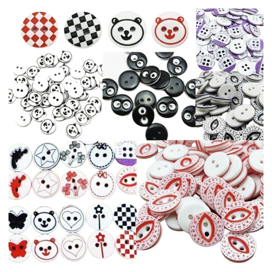 Collection of various buttons with different designs and colors.