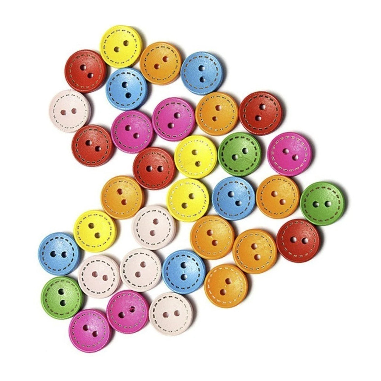 Colorful buttons arranged in a circular pattern on a white background