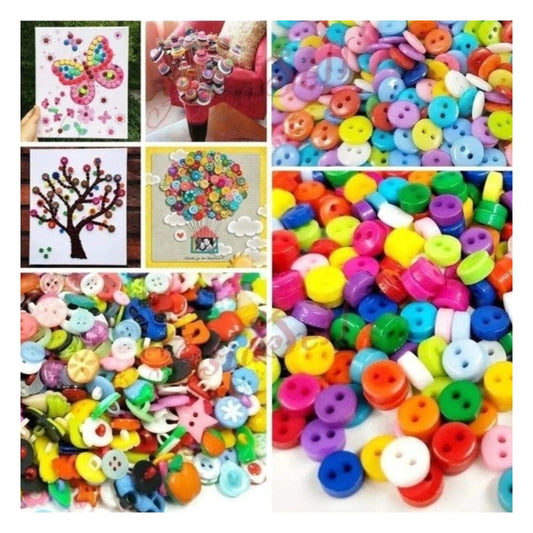 Collage of colorful buttons used in arts and crafts projects.