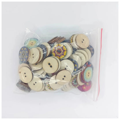 Bag of wooden buttons with colorful designs on a white background