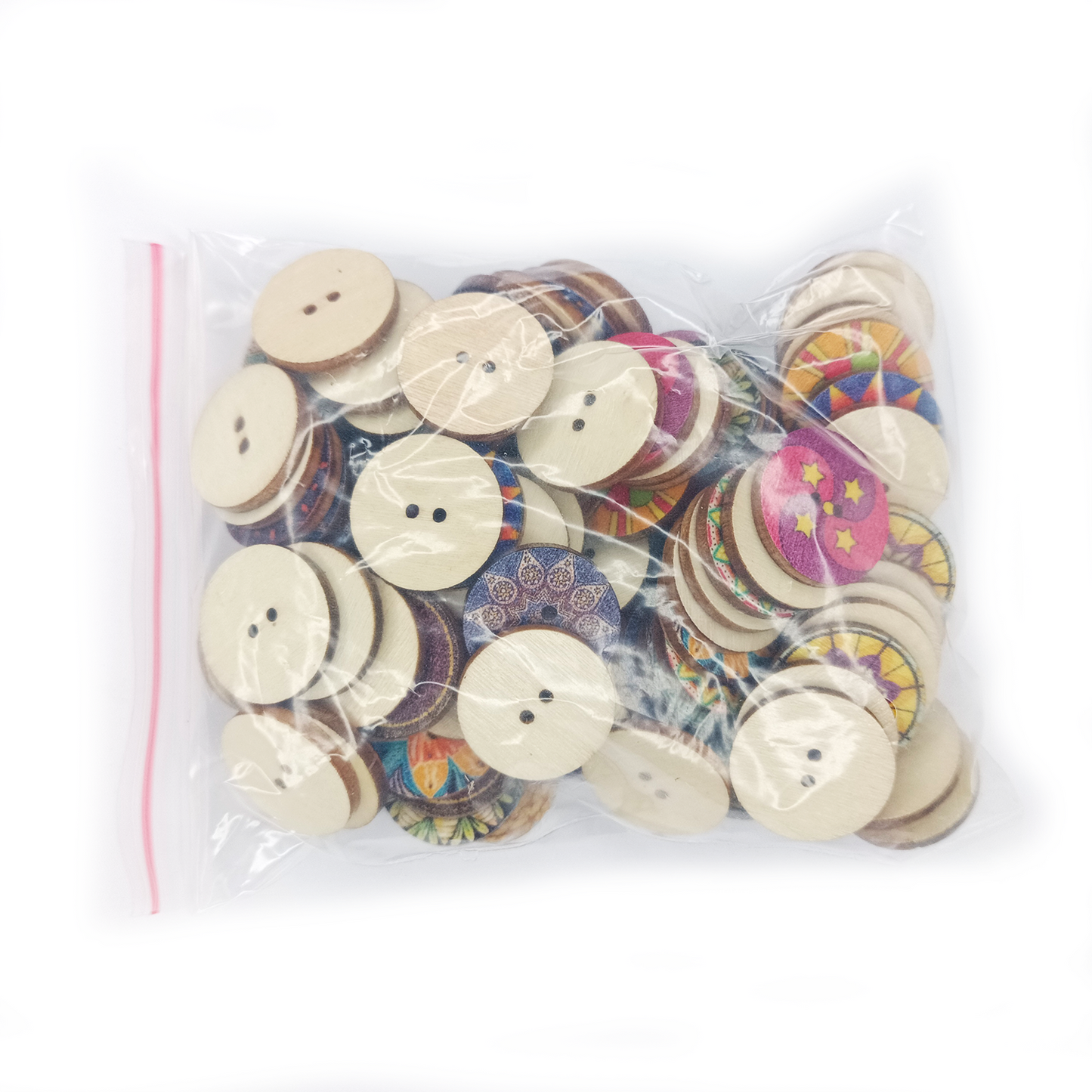 Bag of wooden buttons with colorful designs on a white background