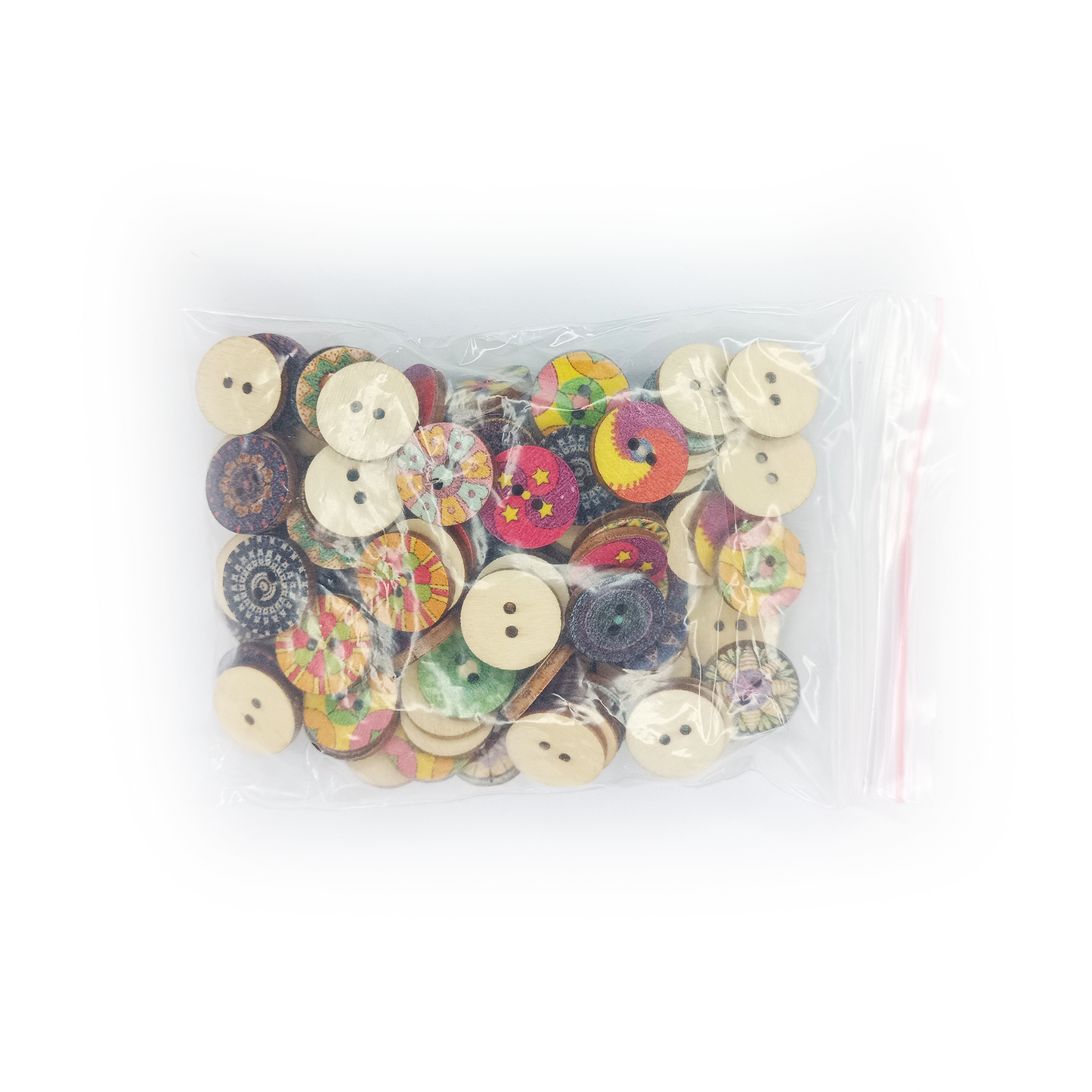 Assorted colorful wooden buttons in a clear plastic bag on a white background