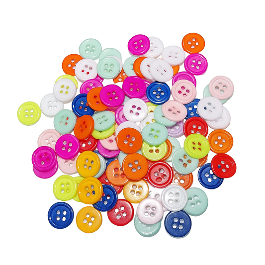 Assorted colorful 11mm buttons on a white background