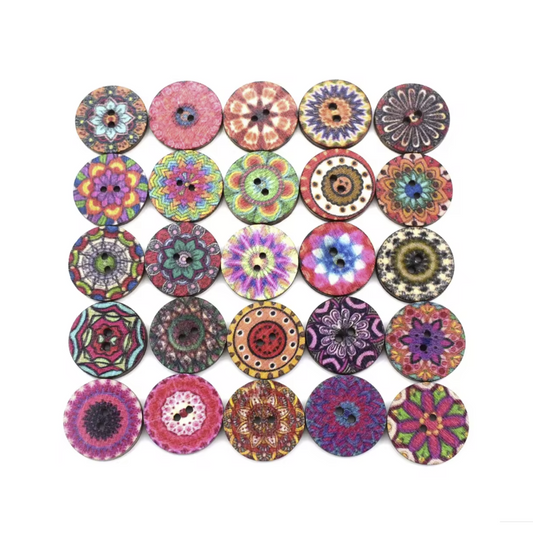 100pcs Wooden Buttons Retro Style Round 25mm Colourful Mandala | Asia Sell