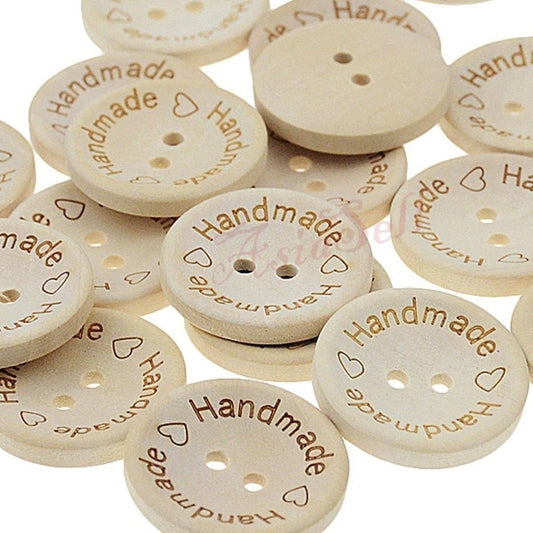 100x 25mm "Handmade Handmade" Round Wooden Buttons Handmade Clothes - - Asia Sell