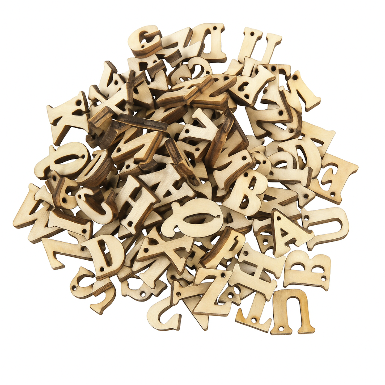 Pile of wooden letters on a white background