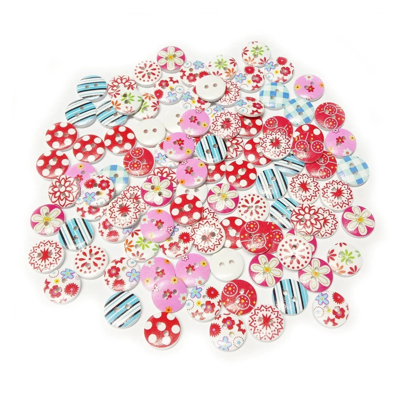 Assorted colorful buttons with floral and polka dot patterns on a white background