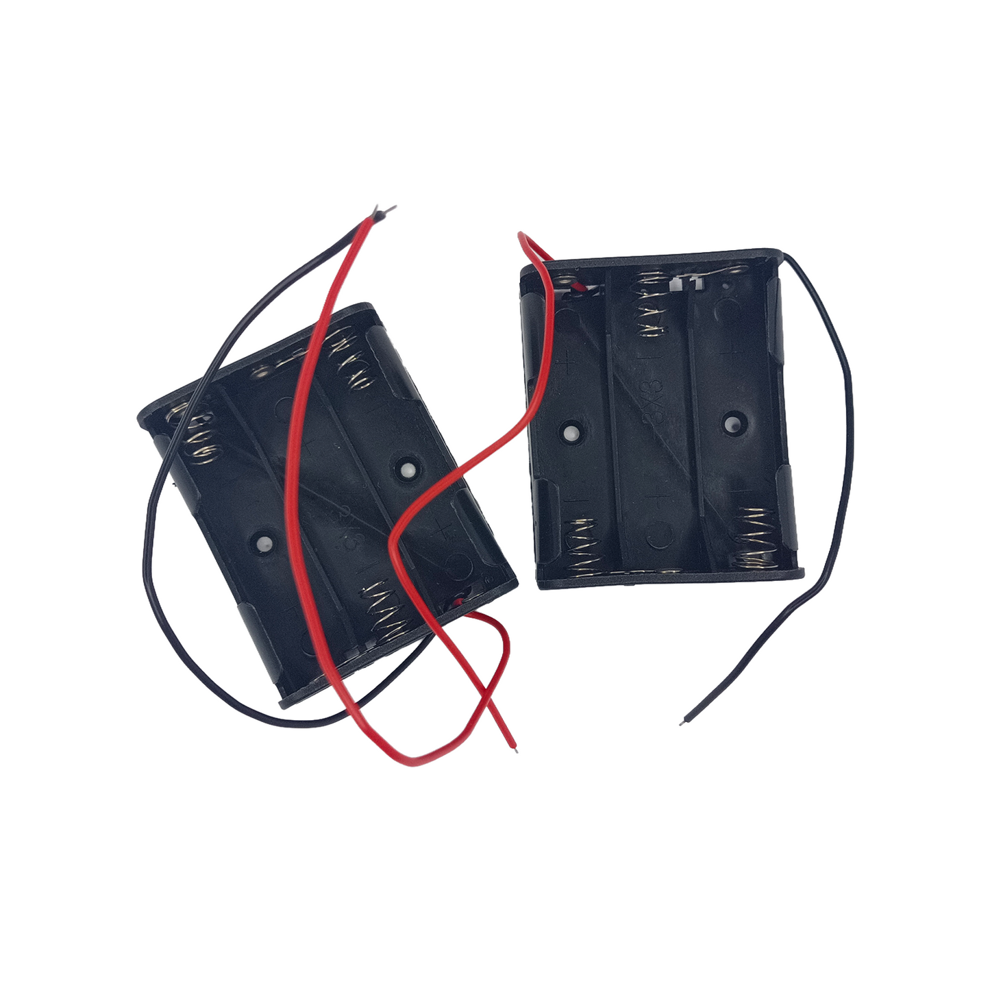 Two pieces black 3XAA battery holders with red and black leads on a white background