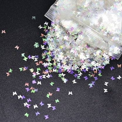 10g Holographic Nail Art Decals Silver Gold Stars Butterflies Bling Decorations 0.2mm - White/Silver Butterfly Sequins - - Asia Sell
