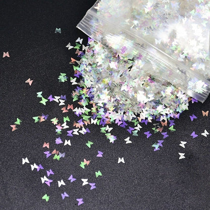 10g Holographic Nail Art Decals Silver Gold Stars Butterflies Bling Decorations 0.2mm - White/Silver Butterfly Sequins - Asia Sell