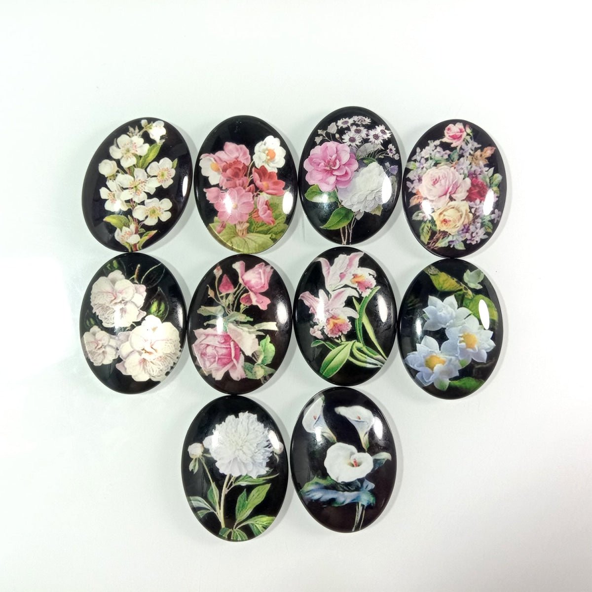 10pcs 13x18mm/18x25mm/30x40mm Oval Photo Glass Cabochon Vintage Flowers Rose Daisy Flat Back - 13x18mm Black - Asia Sell