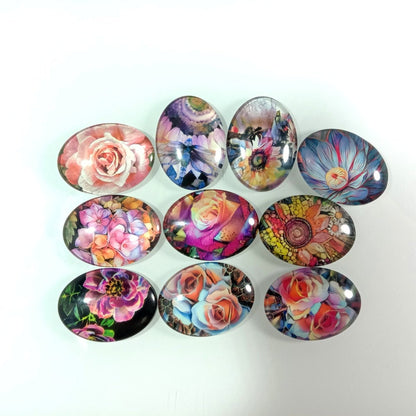 10pcs 13x18mm/18x25mm/30x40mm Oval Photo Glass Cabochon Vintage Flowers Rose Daisy Flat Back - 13x18mm Colourful - - Asia Sell